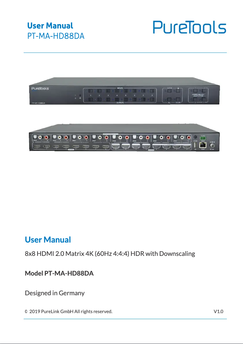 Page 1 de la notice Manuel utilisateur PureLink PT-MA-HD88DA