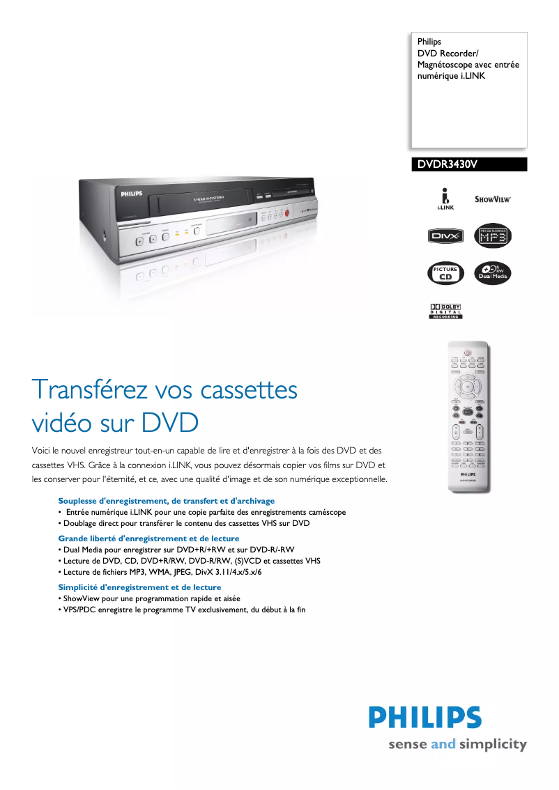 Página 1 del manual Ficha técnica Philips DVDR3430V