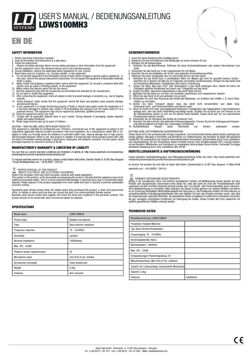Page 1 de la notice Manuel utilisateur LD Systems WS 100 MH 3