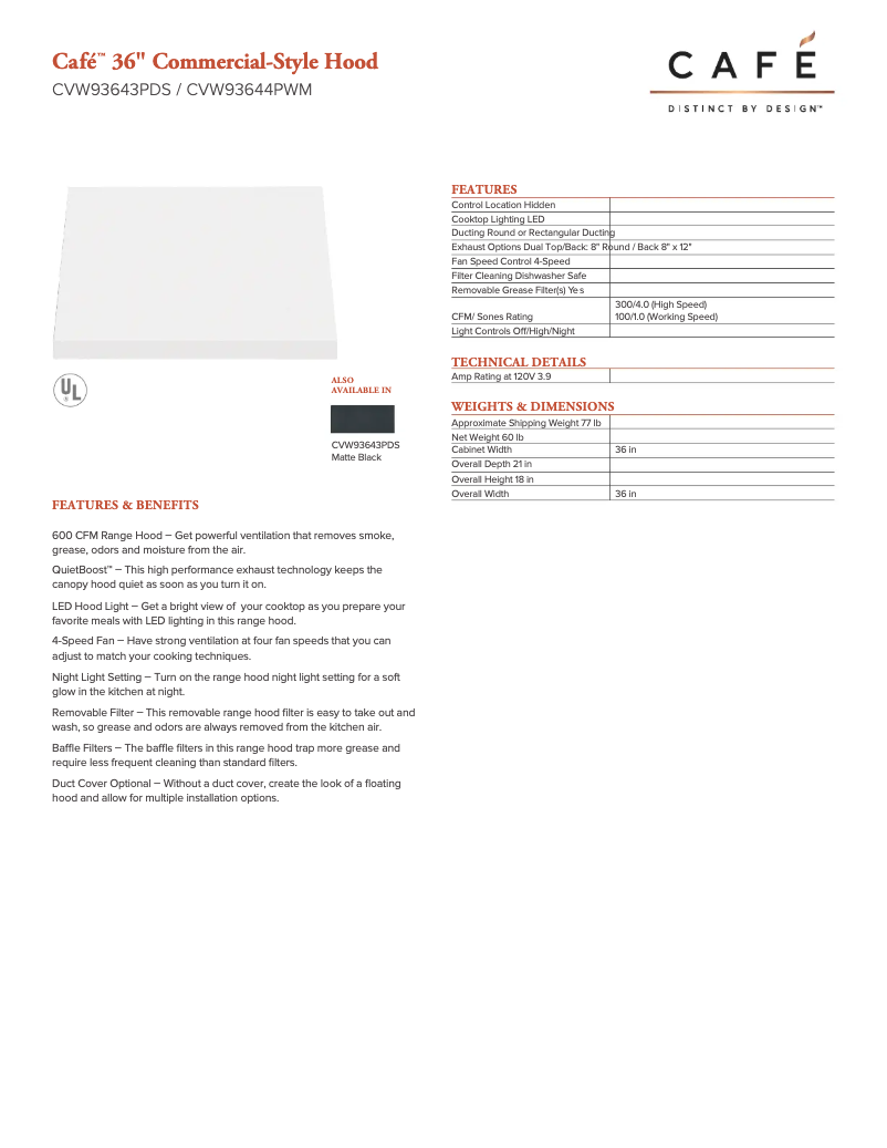 Page n°1 - Fiche technique GE CVW93644PWM