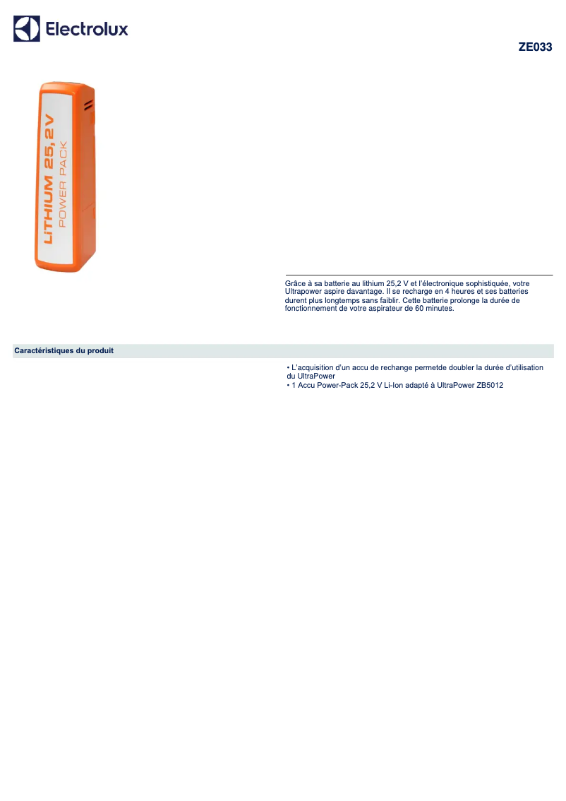 Page 1 de la notice Fiche technique Electrolux ZE033