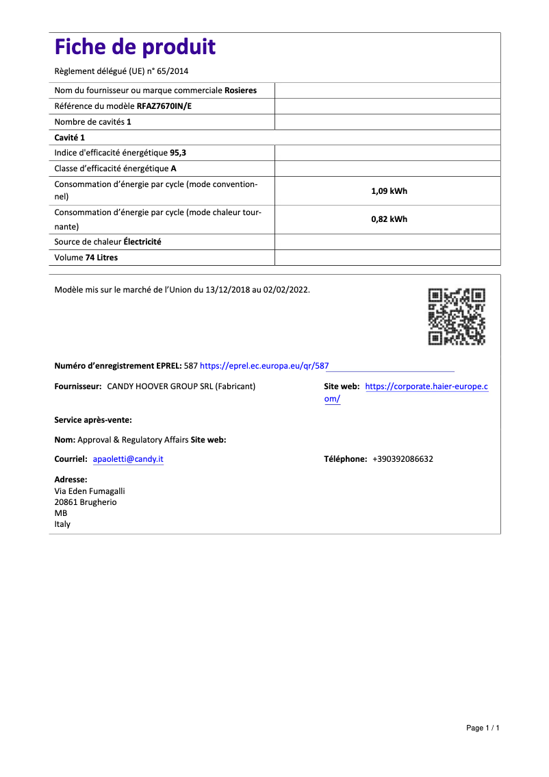 Page 1 de la notice Fiche technique Rosieres RFAZ 7670 IN/E