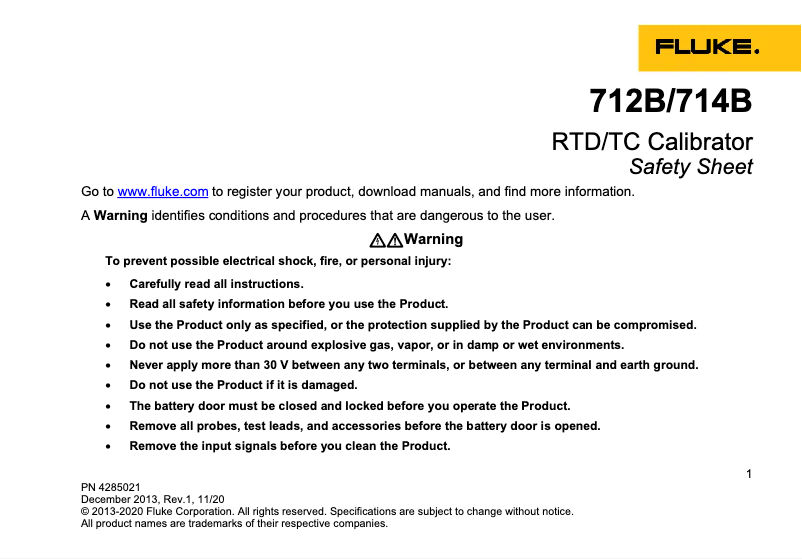 Página 1 del manual Instrucciones de seguridad Fluke 712B