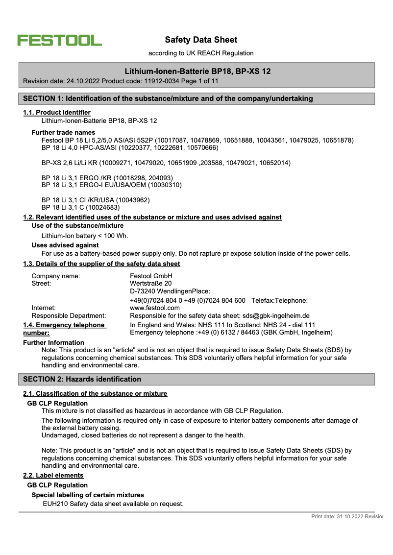 Page 1 de la notice Fiche technique Festool BP 18 Li I
