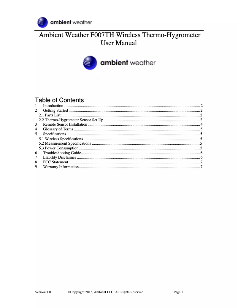 Page 1 de la notice Manuel utilisateur Ambient Weather F007TH