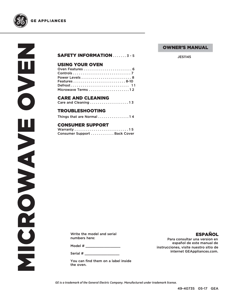 Page 1 de la notice Manuel utilisateur GE JES1145DMBB