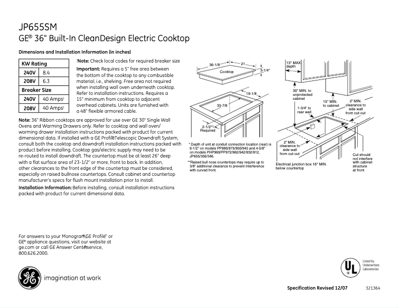 Page n°1 - Fiche technique GE JP655SMSS