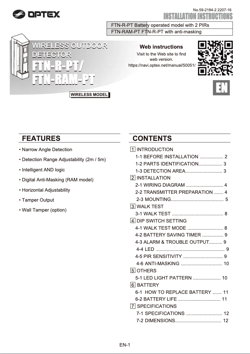 Page 1 de la notice Manuel utilisateur Optex FTN-R