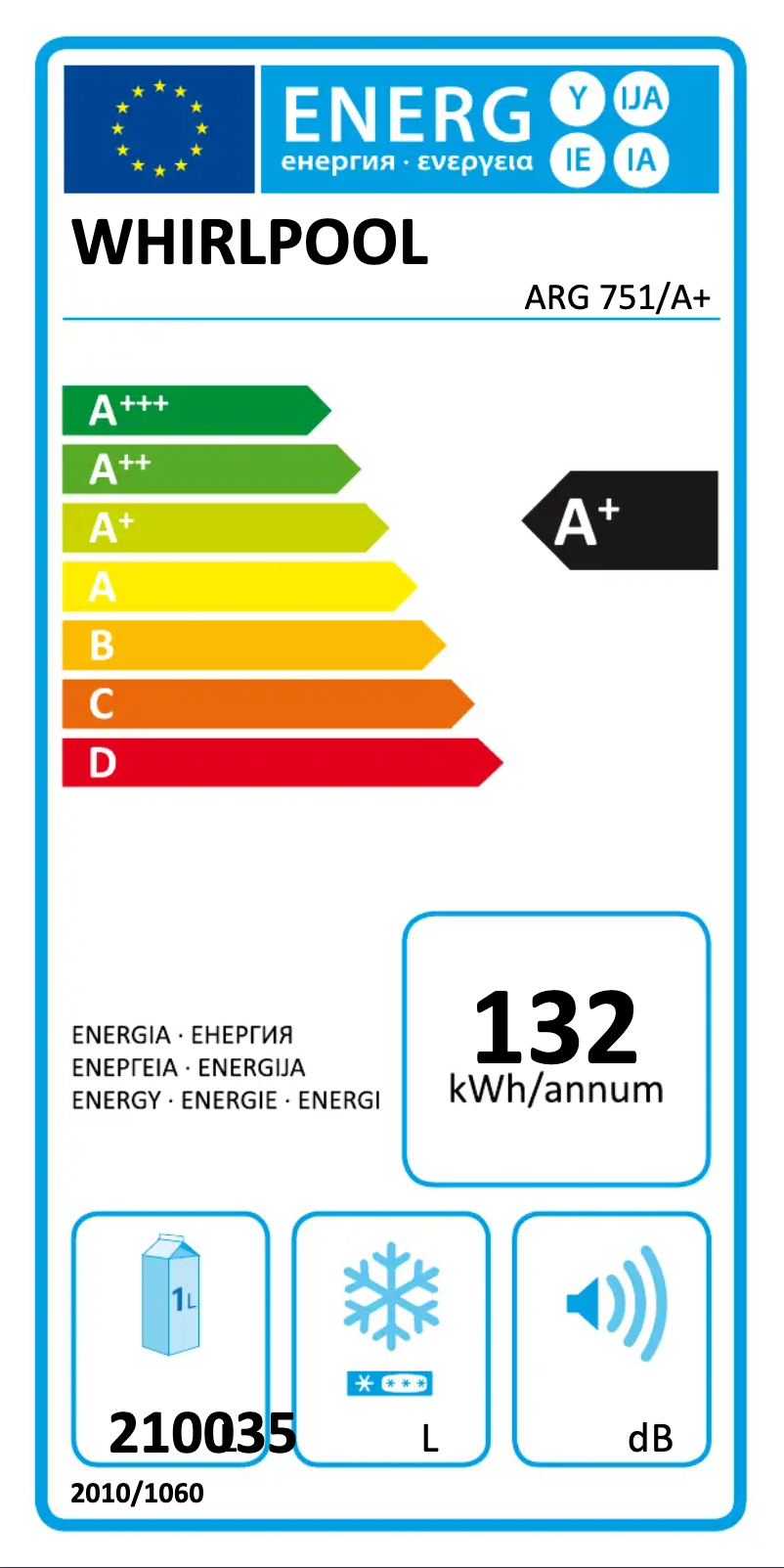 Page 1 of the manual Energy Label Whirlpool ARG 751/A+