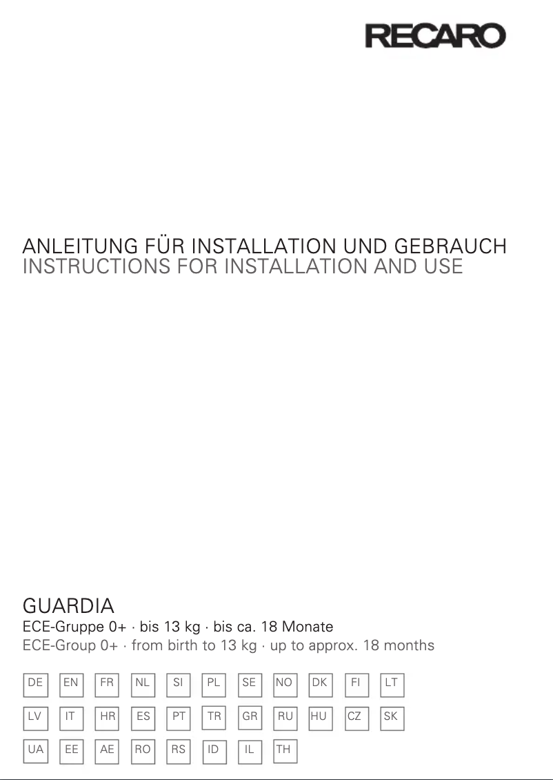 Page 1 de la notice Manuel utilisateur Recaro Guardia