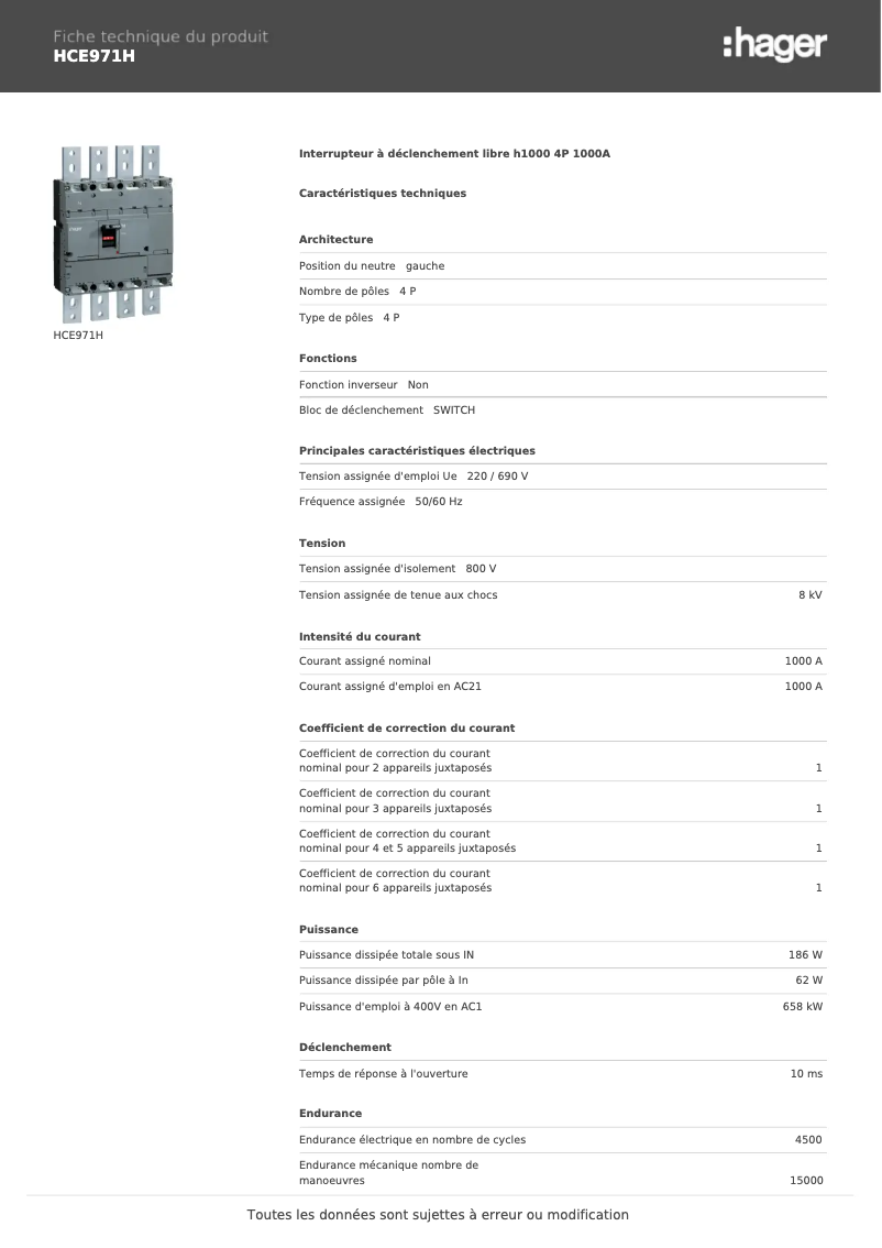 Page 1 de la notice Fiche technique Hager HCE971H