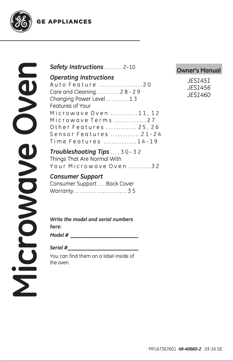 Page 1 of the manual Use and Maintenance Manual GE JES1456DSBB