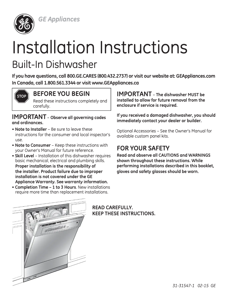 Page n°1 - Guide d'installation GE GSD3301JBB