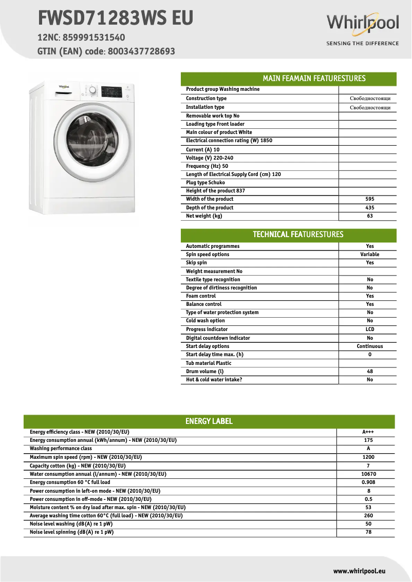 Page 1 de la notice Fiche technique Whirlpool FWSD71283WS