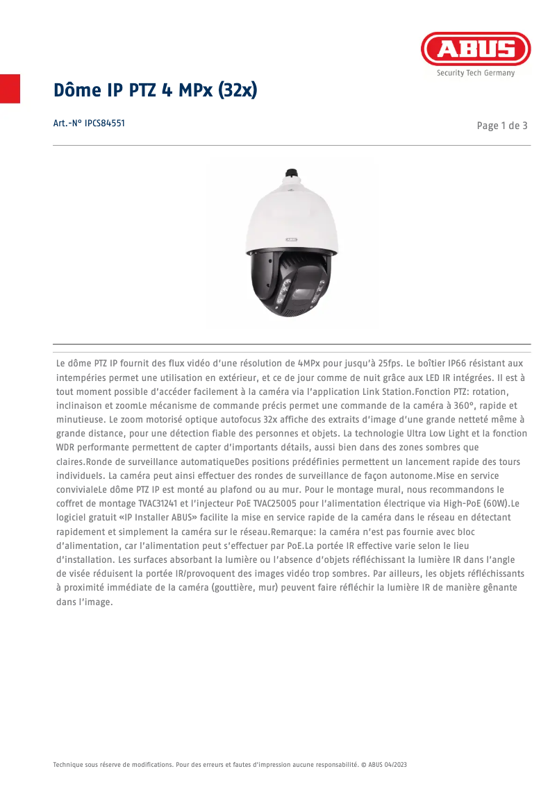 Página 1 del manual Ficha técnica Abus IPCS84551