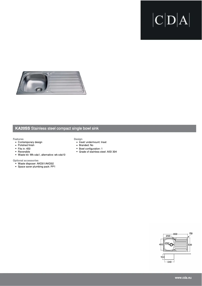 Page 1 de la notice Fiche technique CDA KA20SS