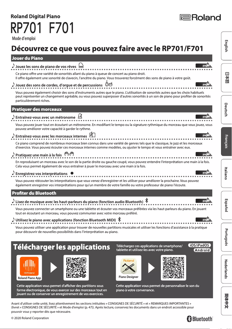 Page 1 de la notice Manuel utilisateur Roland F701