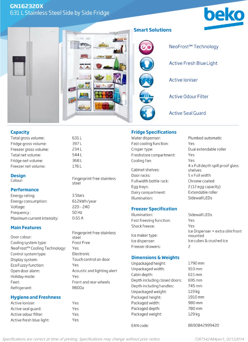 Page 1 de la notice Fiche technique Beko GN162320X