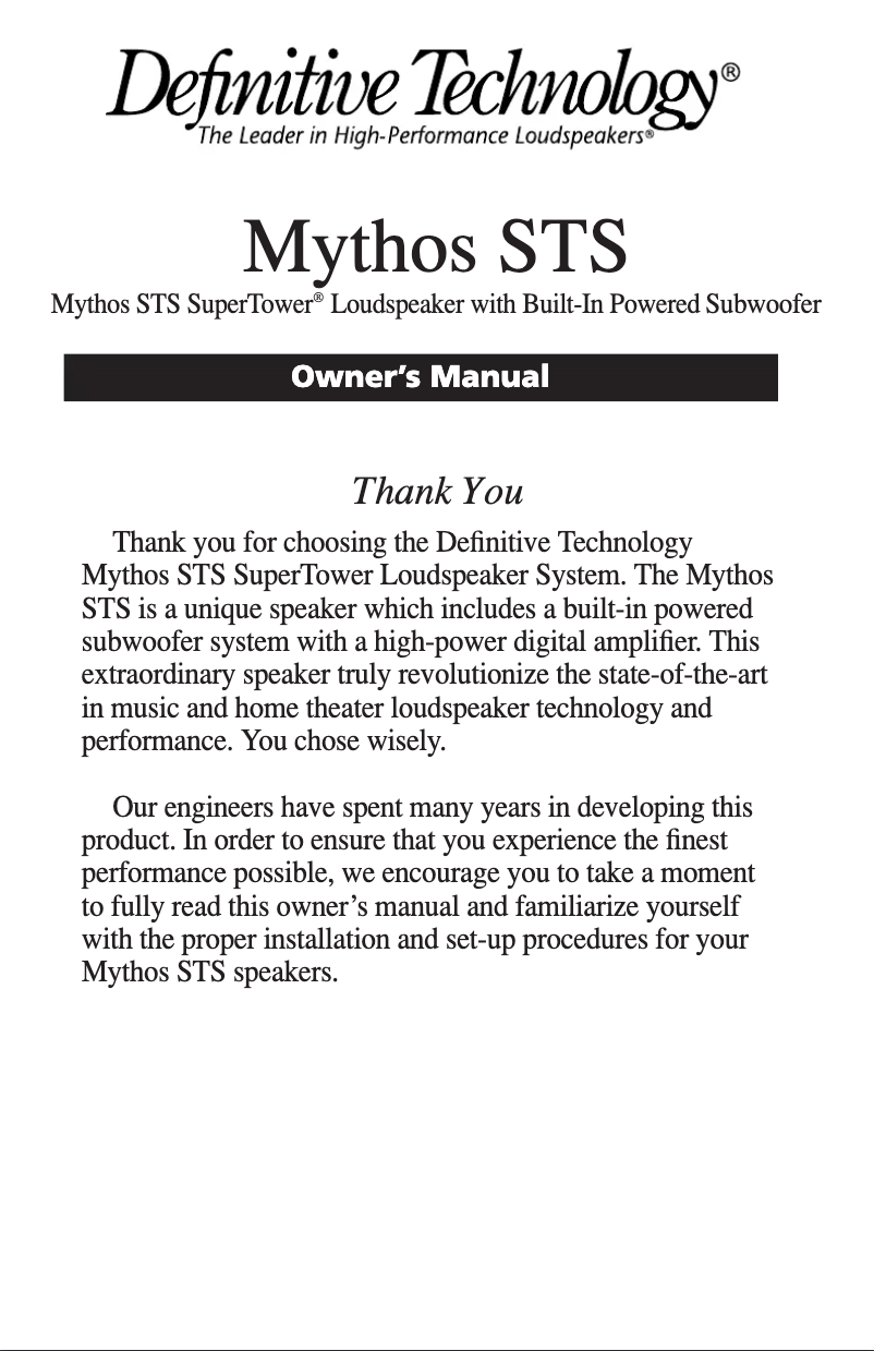 Page 1 de la notice Manuel utilisateur Definitive Technology Mythos STS