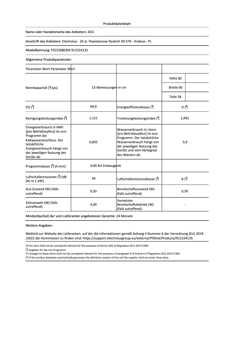 Page 1 de la notice Fiche technique AEG FEE53680ZM