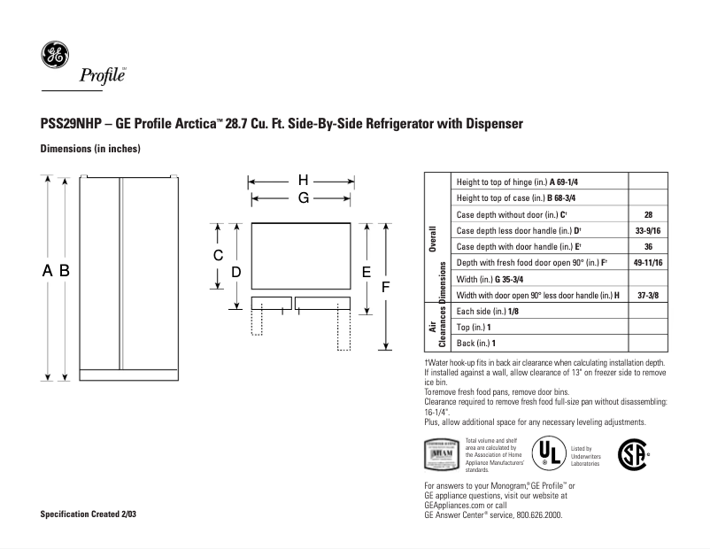 Page 1 of the manual Technical Sheet GE Profile PSS29NHPCC