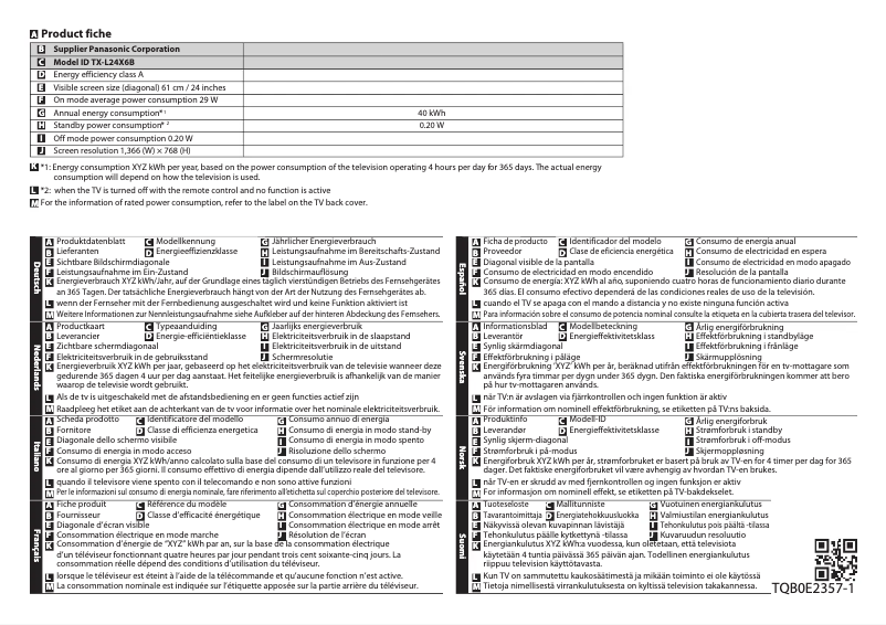 Page 1 of the manual Technical Sheet Panasonic Viera TX-L24X6B
