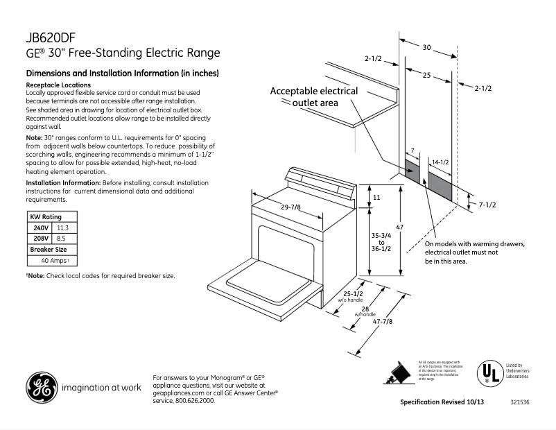 Page 1 of the manual Technical Sheet GE JB620DFBB