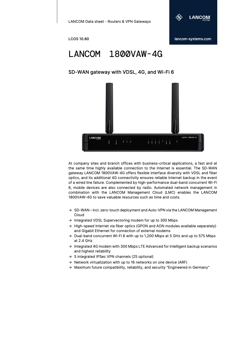 Page 1 of the manual Technical Sheet Lancom 1800VAW-4G