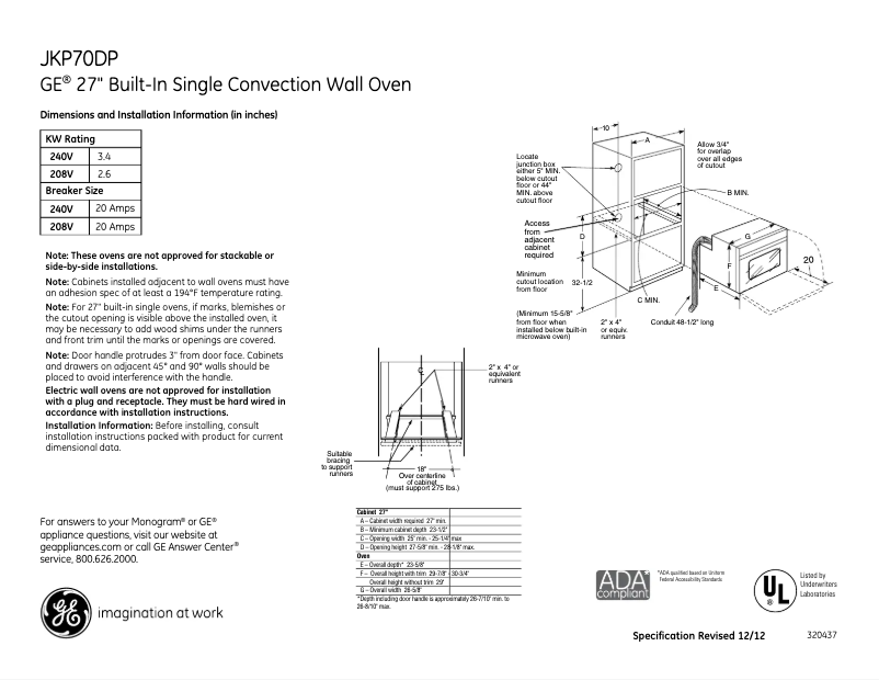 Página 1 del manual Ficha técnica GE JKP70DPBB