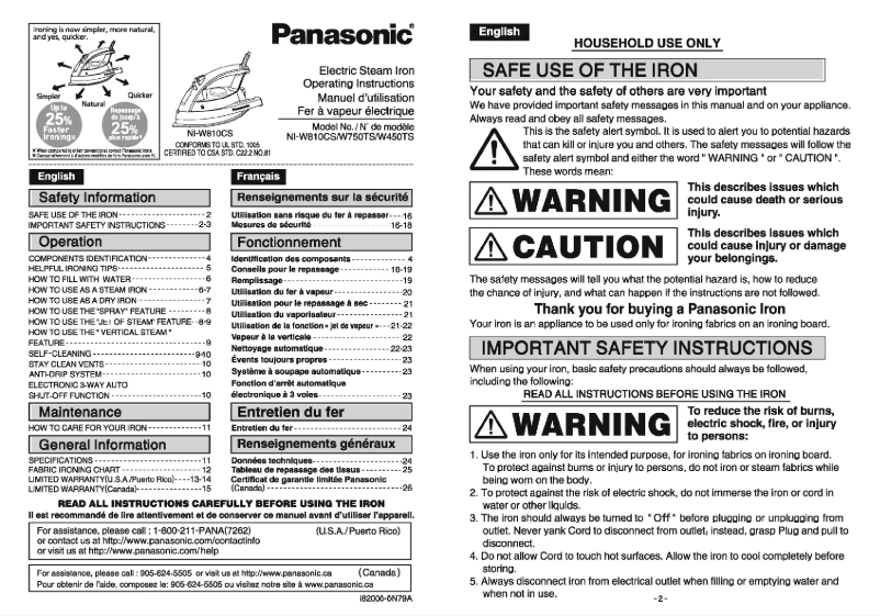 Page 1 de la notice Manuel utilisateur Panasonic NI-W810
