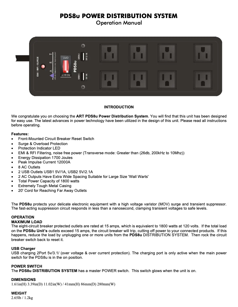Page 1 de la notice Manuel utilisateur ART PDS8u