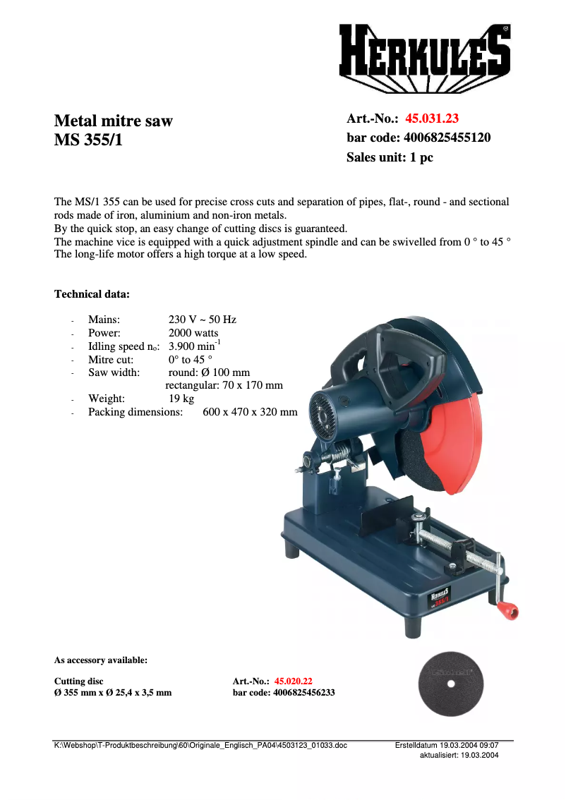 Página 1 del manual Ficha técnica Herkules MS 355/1
