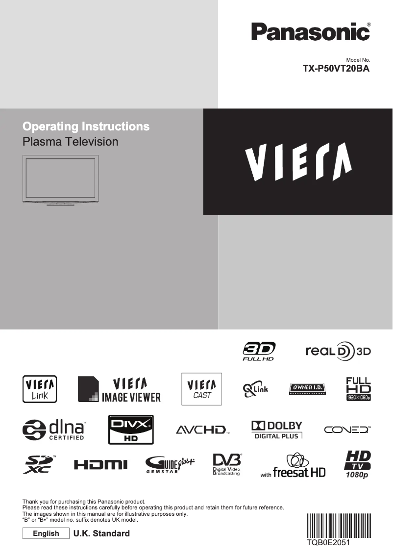 Page 1 of the manual User Manual Panasonic Viera TX-P50VT20BA