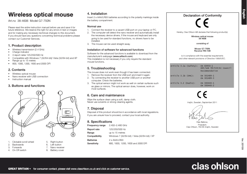 Page 1 de la notice Manuel utilisateur A4Tech G7-750N