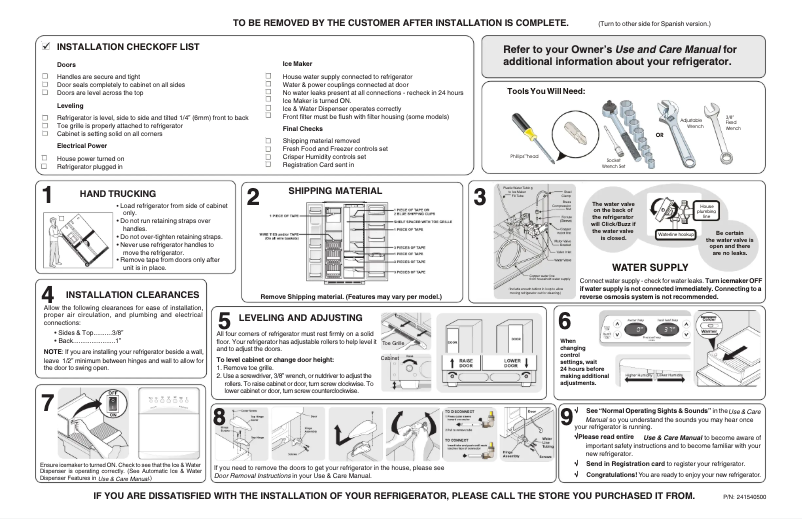 Page 1 de la notice Guide d'installation Frigidaire FSC23F7DSB