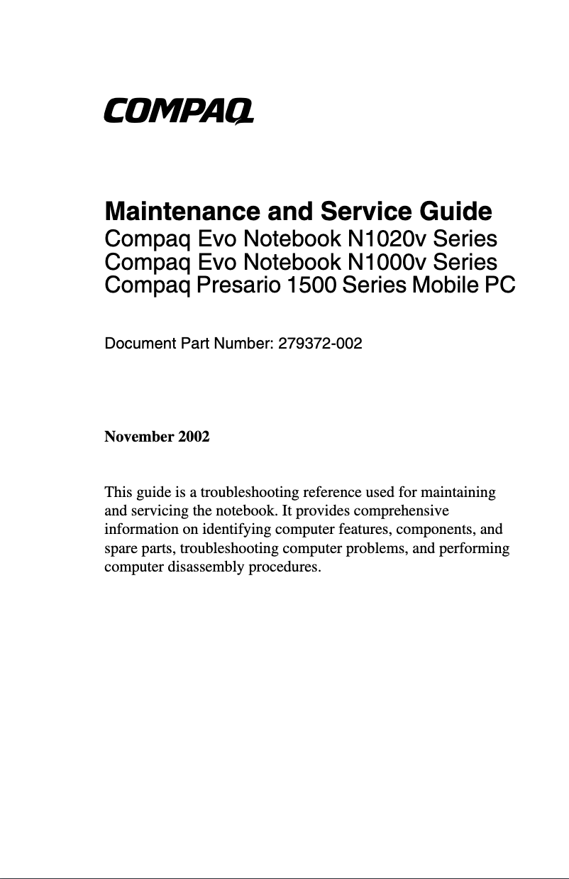 Page n°1 - Manuel utilisateur HP Compaq Evo N1000v