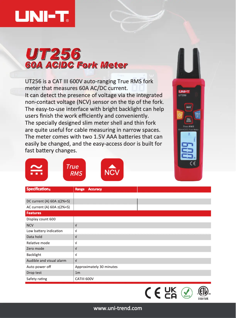 Page 1 de la notice Fiche technique Uni-T UT256