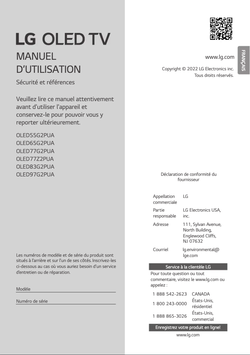 Page 1 de la notice Manuel utilisateur LG OLED97G2PUA