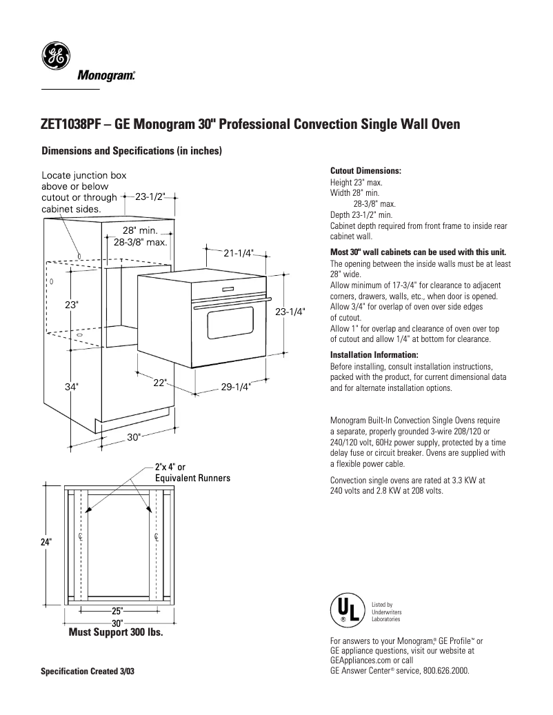 Page 1 de la notice Fiche technique GE ZET1038PFSS