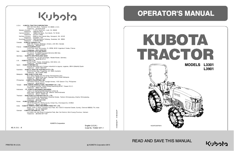 Page 1 de la notice Manuel utilisateur Kubota L3901HSTRC