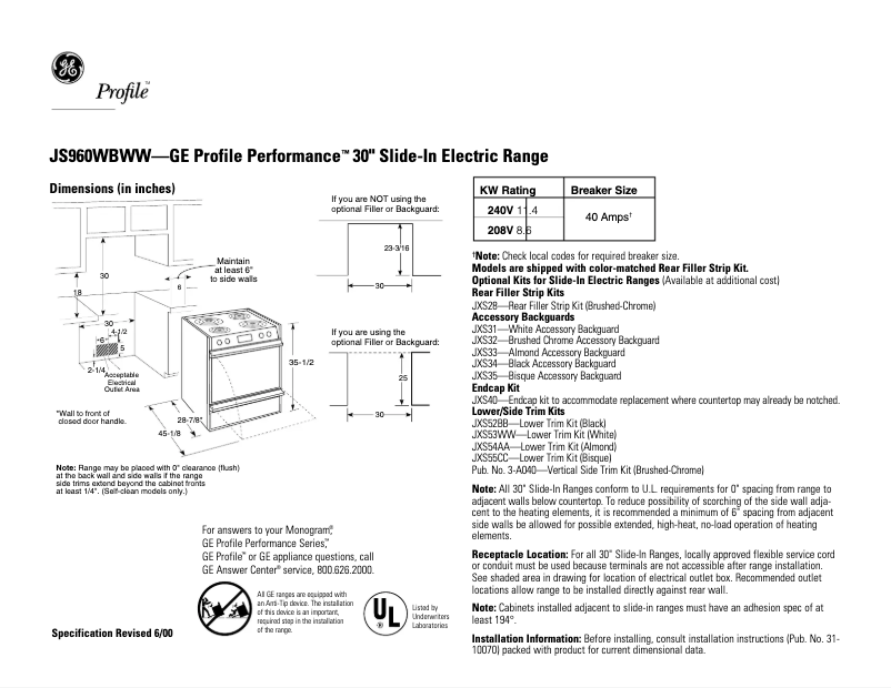 Page 1 of the manual Technical Sheet GE Profile Performance JS960WBWW