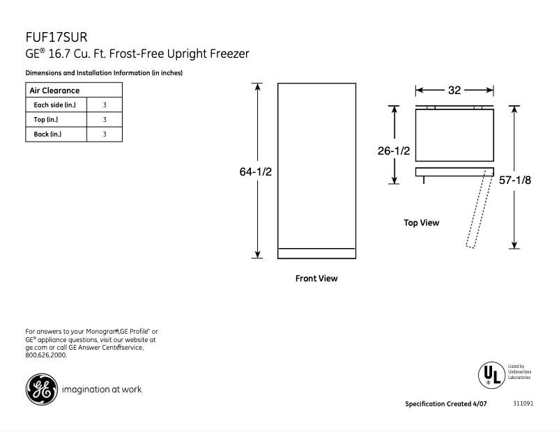 Página 1 del manual Ficha técnica GE FUF17SURWW