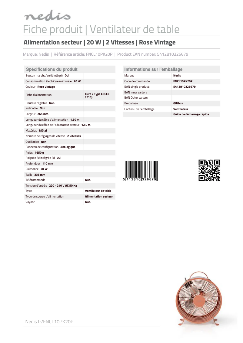 Page 1 de la notice Manuel utilisateur Nedis FNCL10PK20P