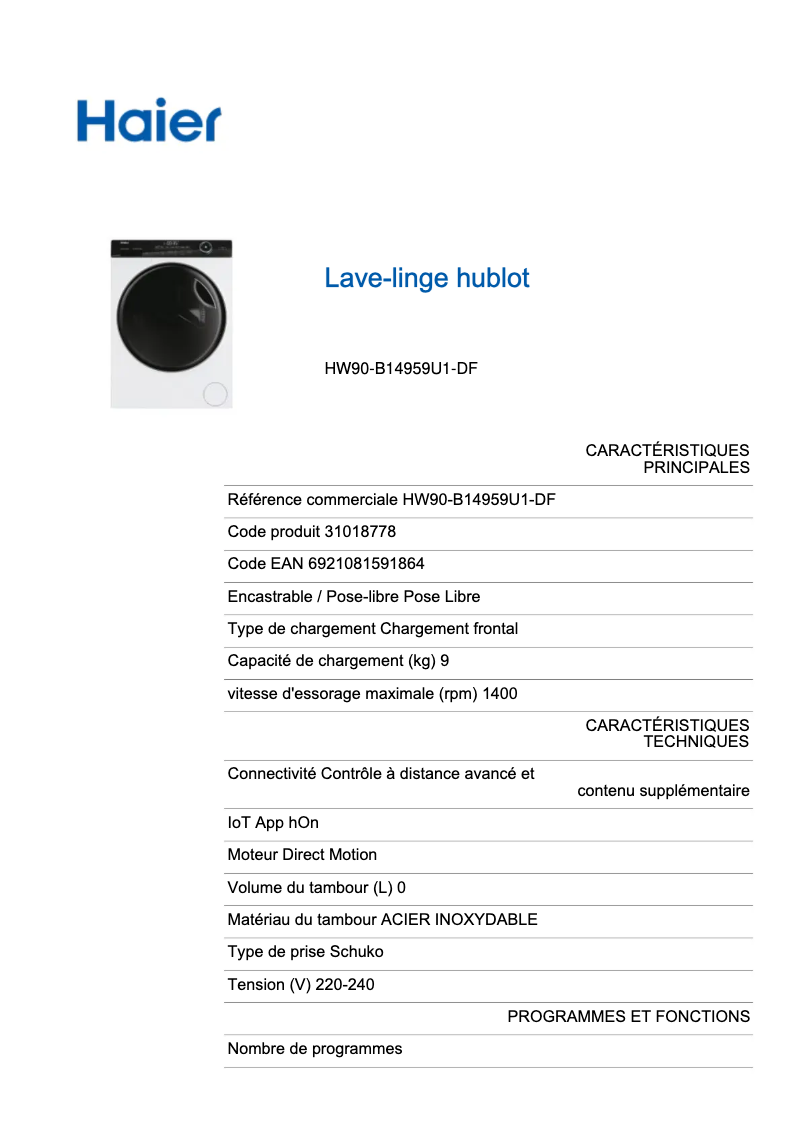 Page 1 of the manual Technical Sheet Haier HW90-B14959U1