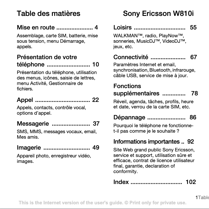 Page 1 de la notice Manuel utilisateur Sony Ericsson W810i