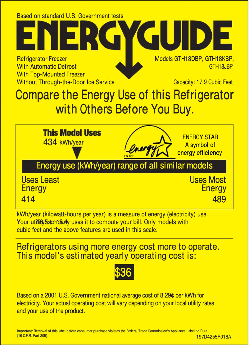 Page 1 de la notice Label énergétique GE GTH18KBPCC