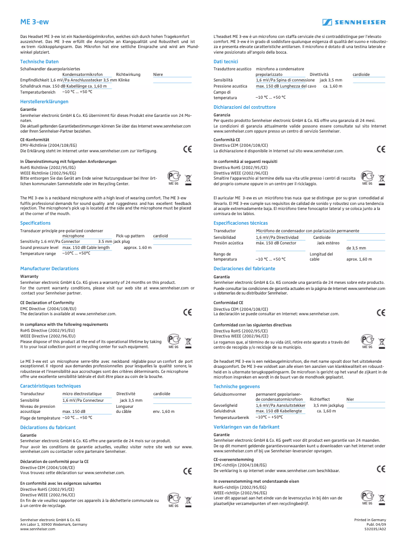 Page 1 de la notice Manuel utilisateur Sennheiser ME 3-ew