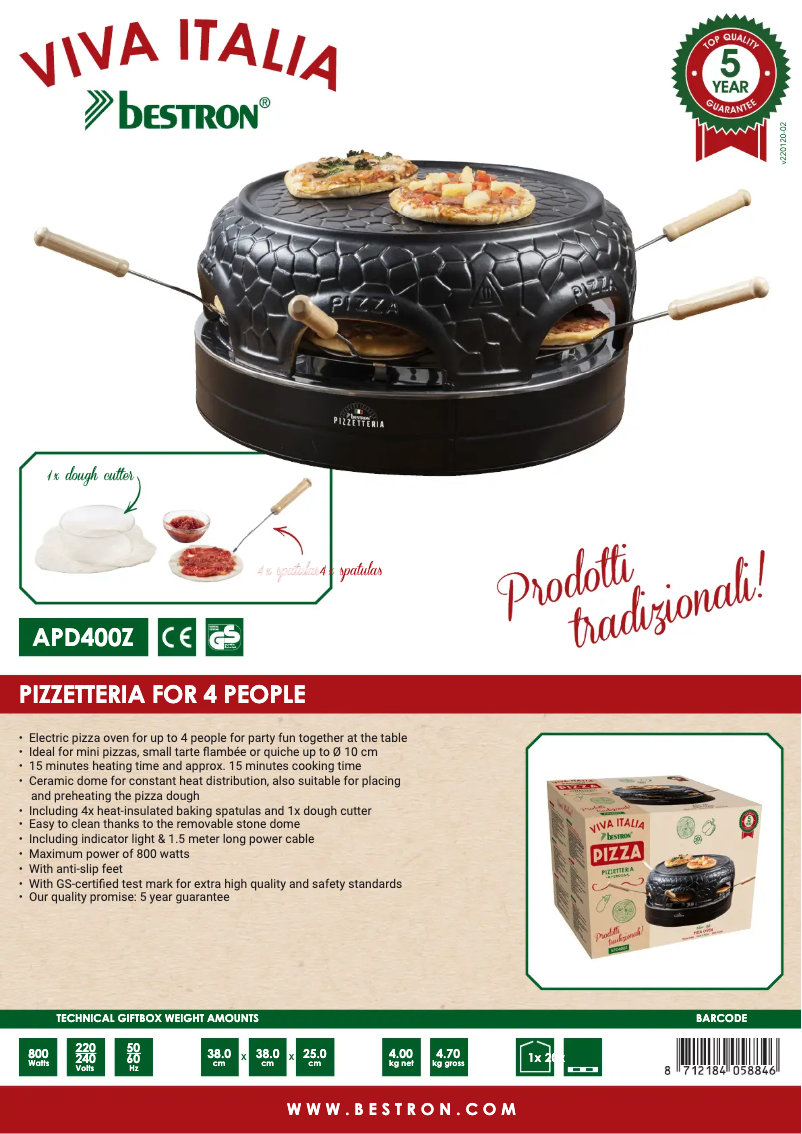 Page 1 de la notice Fiche technique Bestron Pizzetteria APD400Z
