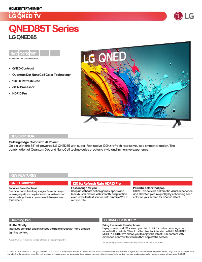 Page 1 of the manual Technical Sheet LG 75QNED85TUA