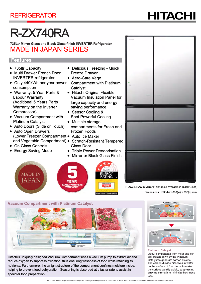 Page 1 of the manual Technical Sheet Hitachi R-ZX740RA